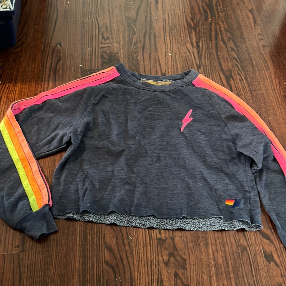 Medium cropped navy aviator nation sweatshirt with 5 stripes on the sleeves